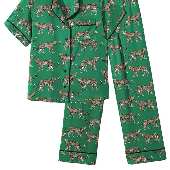 Green Cheetah Print Short Sleeve Shirt and Pants Pajama Set - Picture 3 of 16